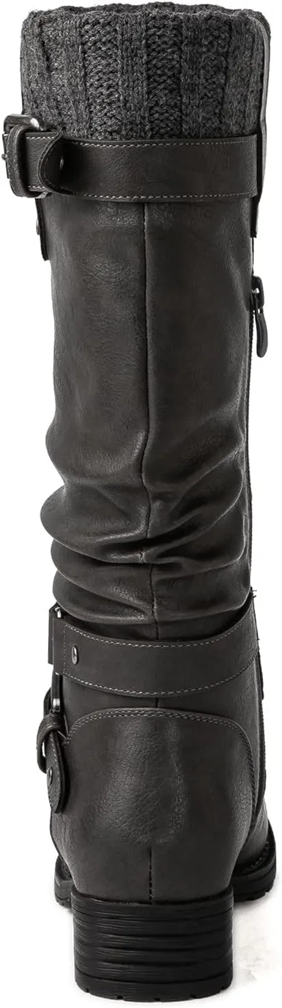 GLOBALWIN Women's Motorcycle Boots Mid Calf Boots Low Heels