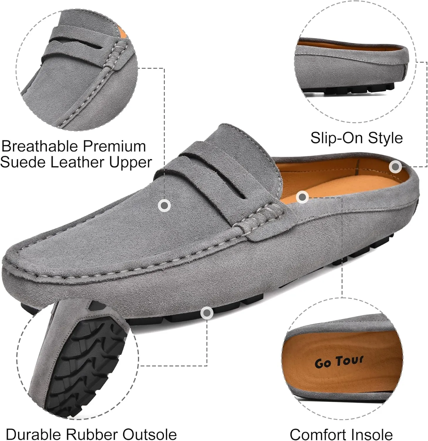Go Tour Mens Handmade Suede Leather Mules Clog Slippers Breathable Leather Slip on Shoes Casual Loafers