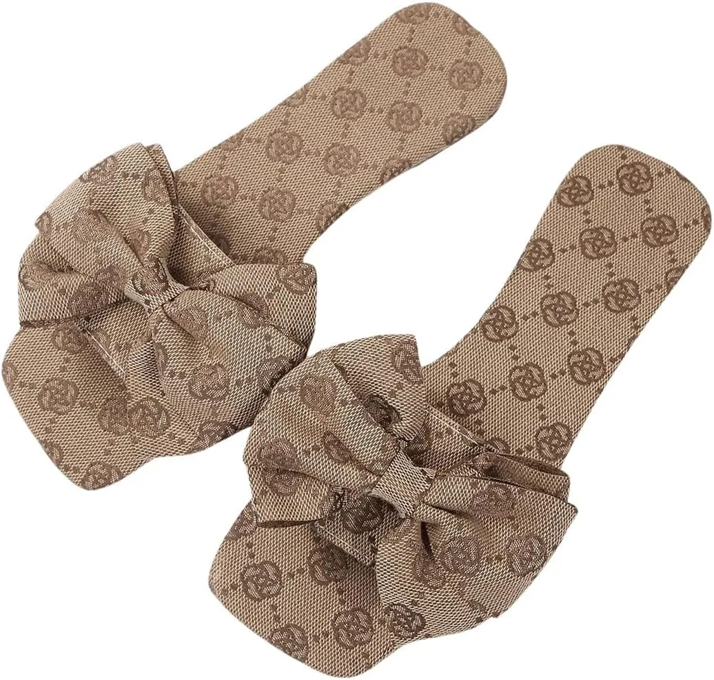 GORGLITTER Women's Bow Cute Trendy Sandals 2025 Graphic Print Dressy Open Square Toe Summer Slide Flat Sandals
