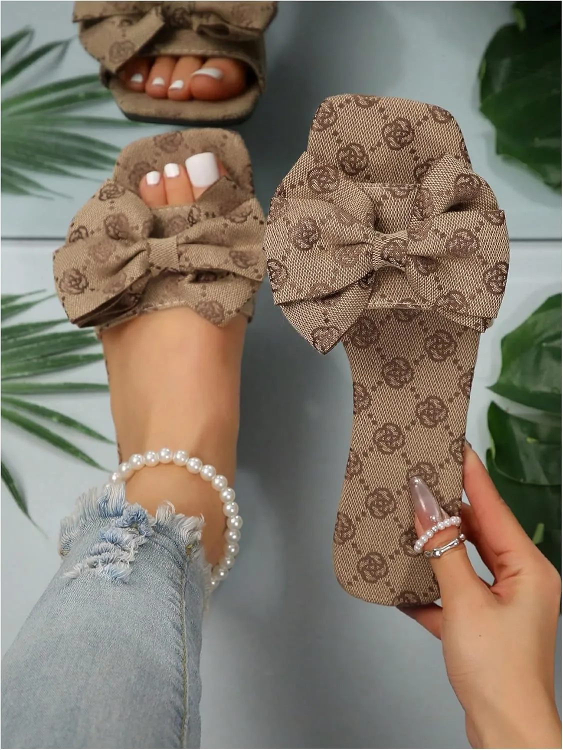 GORGLITTER Women's Bow Cute Trendy Sandals 2025 Graphic Print Dressy Open Square Toe Summer Slide Flat Sandals