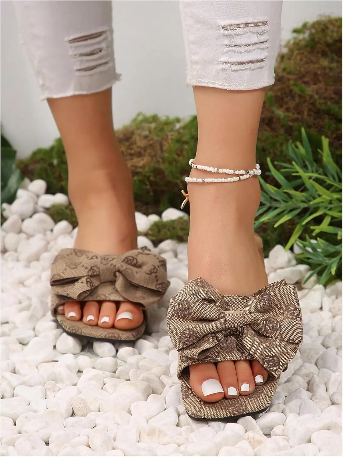 GORGLITTER Women's Bow Cute Trendy Sandals 2025 Graphic Print Dressy Open Square Toe Summer Slide Flat Sandals