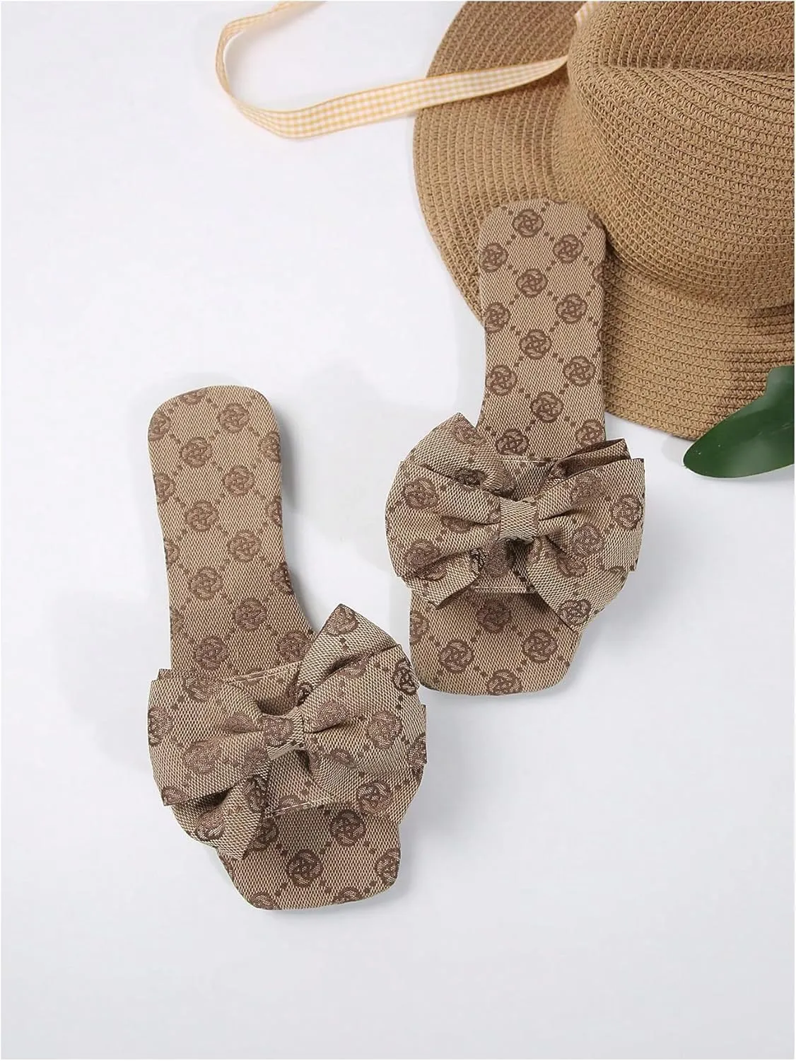GORGLITTER Women's Bow Cute Trendy Sandals 2025 Graphic Print Dressy Open Square Toe Summer Slide Flat Sandals