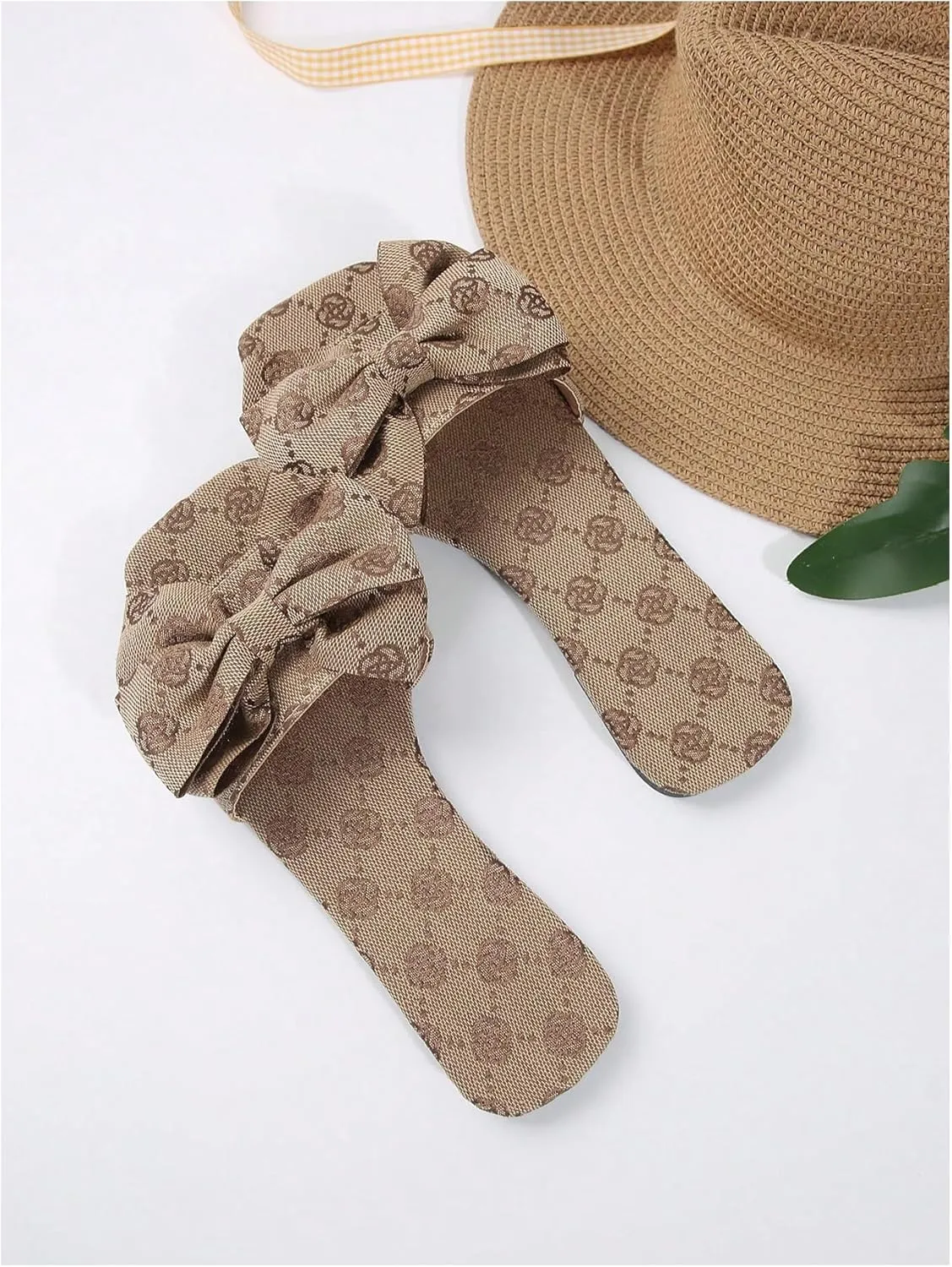 GORGLITTER Women's Bow Cute Trendy Sandals 2025 Graphic Print Dressy Open Square Toe Summer Slide Flat Sandals
