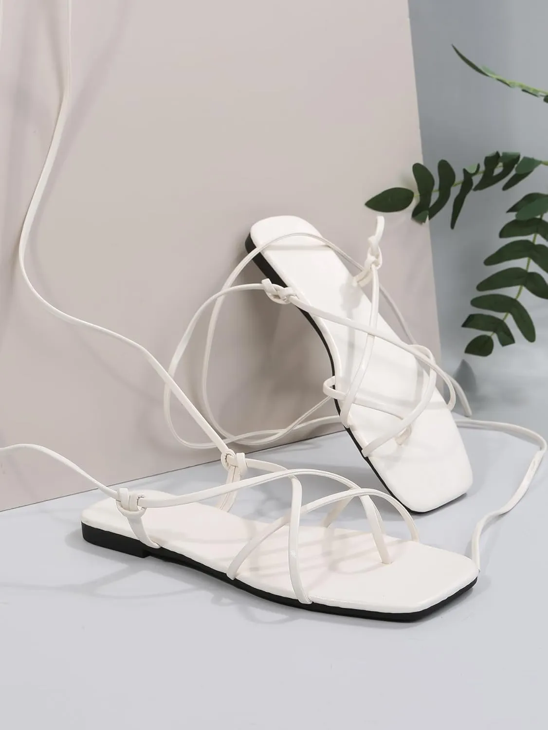 GORGLITTER Women's Summer Strappy Beach Sandals For Women 2025 Leather Lace Up Shoes