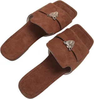 GORGLITTER Women's Y2k Leopard Summer Flat Sandals Trendy 2025 Square Open Toe Metal Decor Slide Sandals