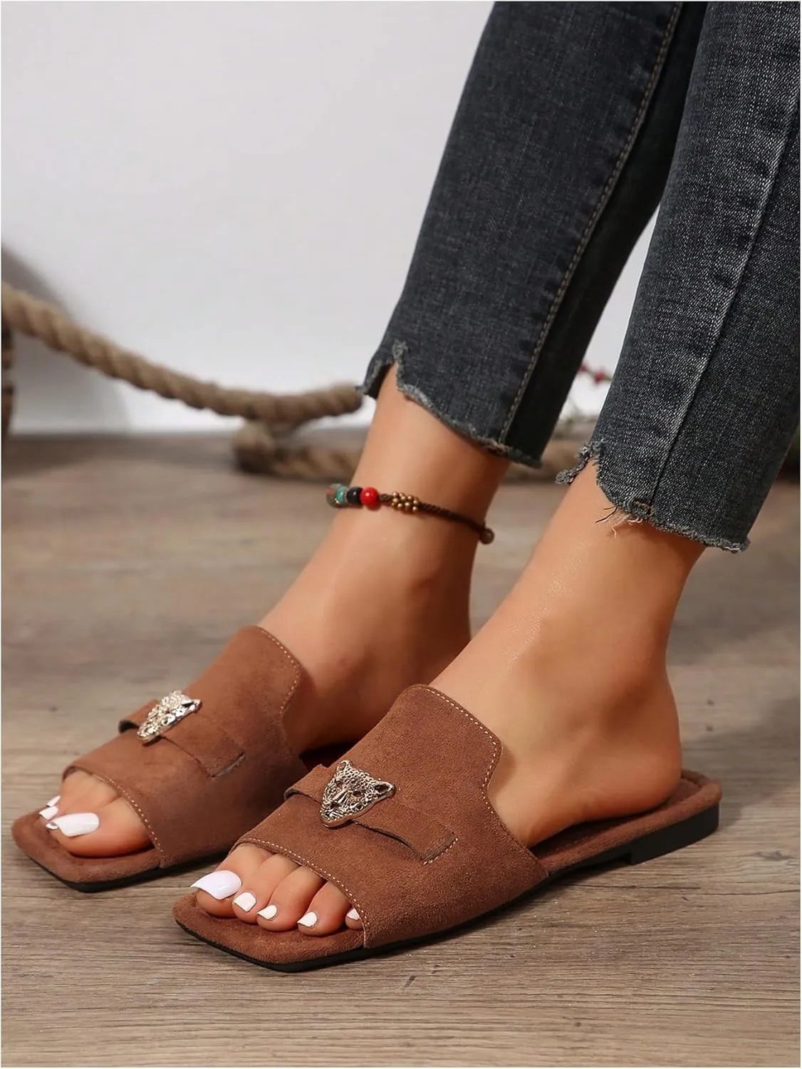 GORGLITTER Women's Y2k Leopard Summer Flat Sandals Trendy 2025 Square Open Toe Metal Decor Slide Sandals