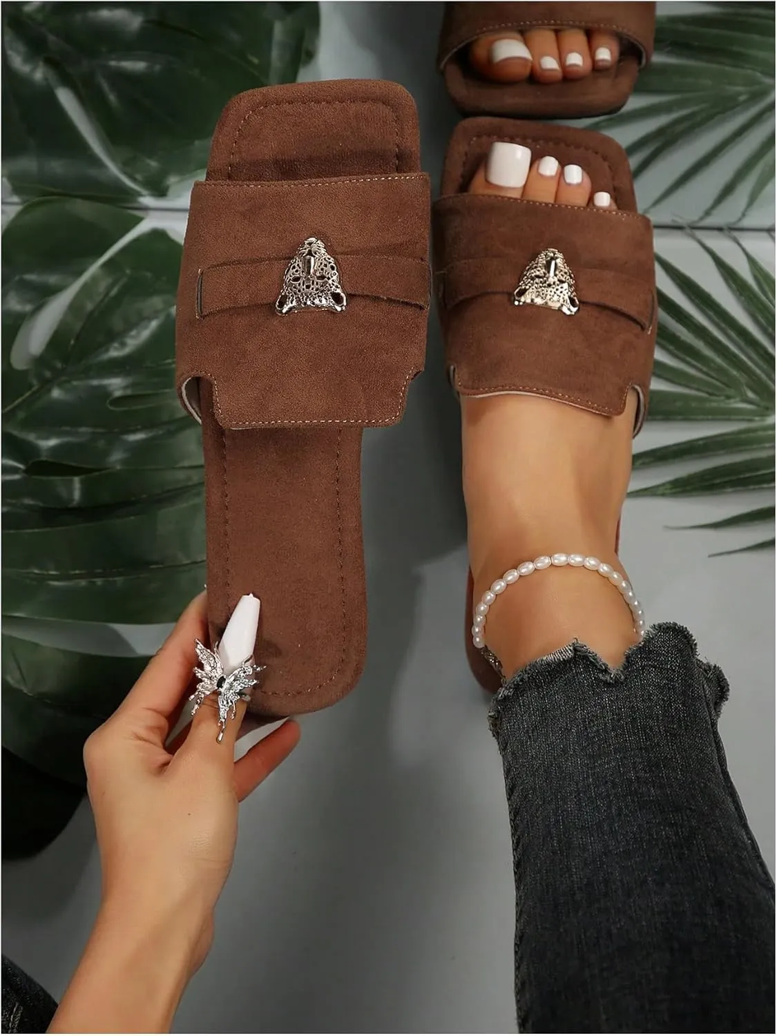 GORGLITTER Women's Y2k Leopard Summer Flat Sandals Trendy 2025 Square Open Toe Metal Decor Slide Sandals