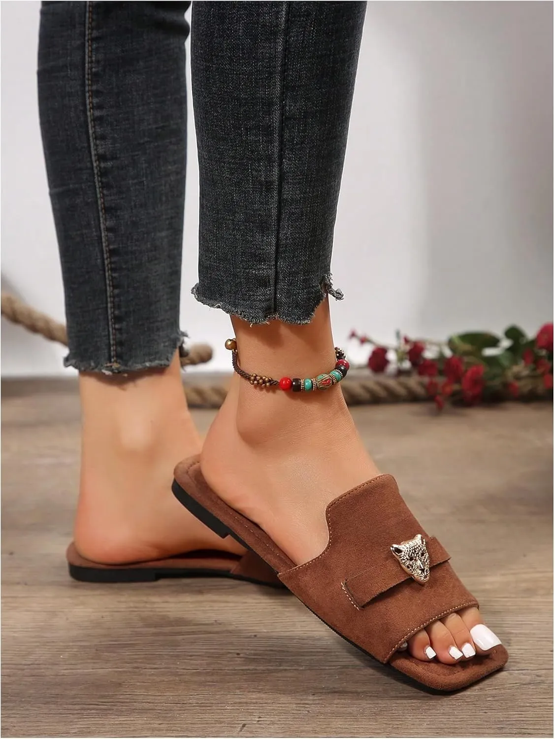 GORGLITTER Women's Y2k Leopard Summer Flat Sandals Trendy 2025 Square Open Toe Metal Decor Slide Sandals
