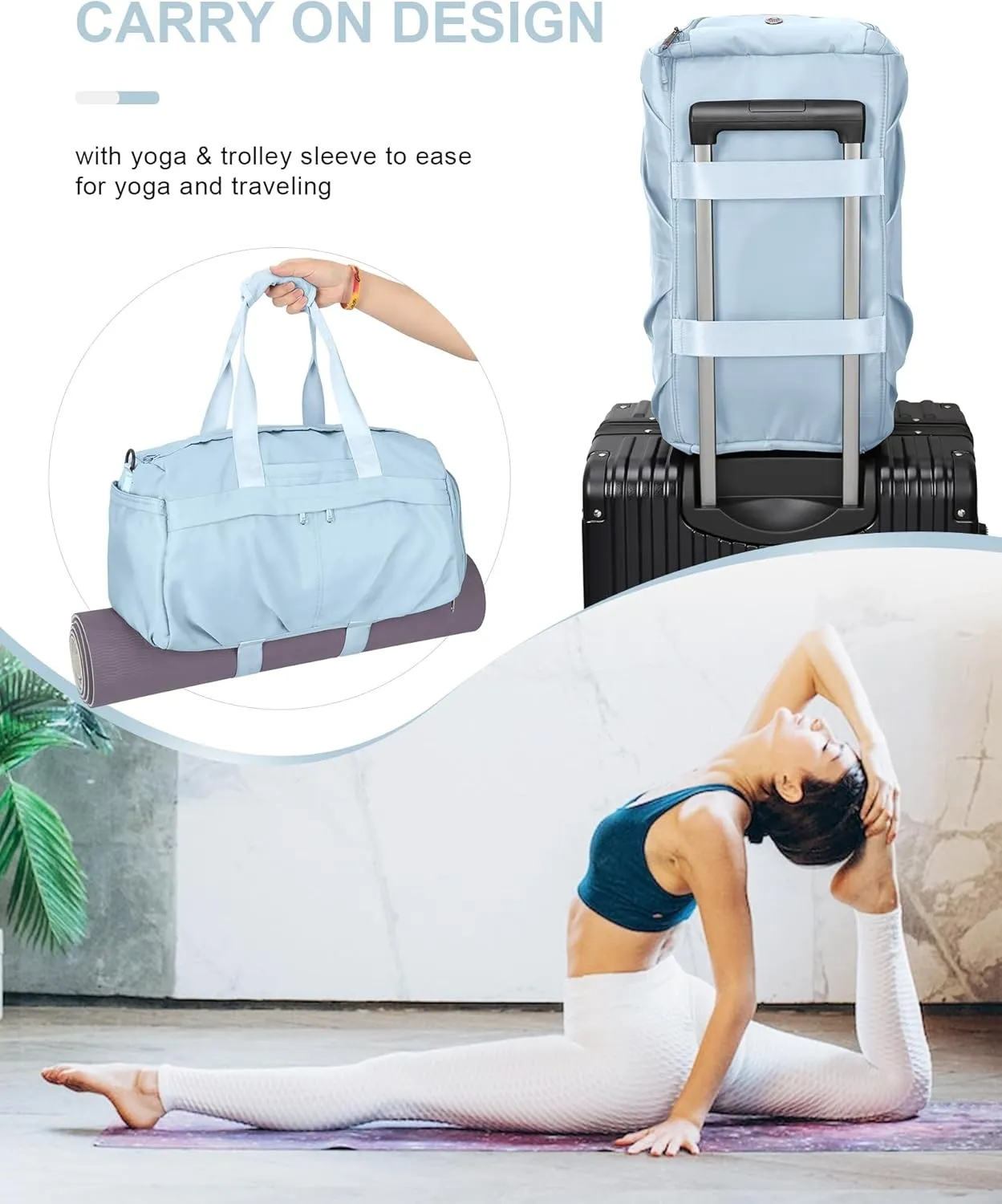 Gym Bag for Women Duffle Bag with Shoe Compartment Yoga Mat Bag Sports Workout Bag Weekend Overnight Bag, Light Blue