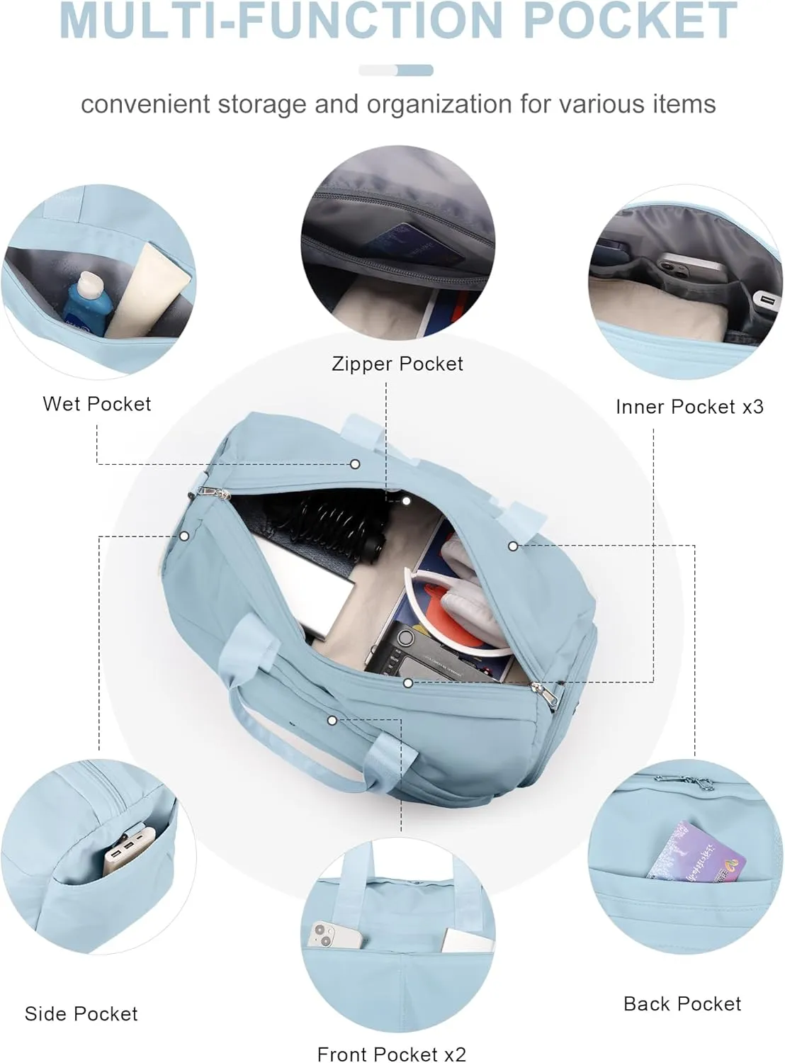 Gym Bag for Women Duffle Bag with Shoe Compartment Yoga Mat Bag Sports Workout Bag Weekend Overnight Bag, Light Blue
