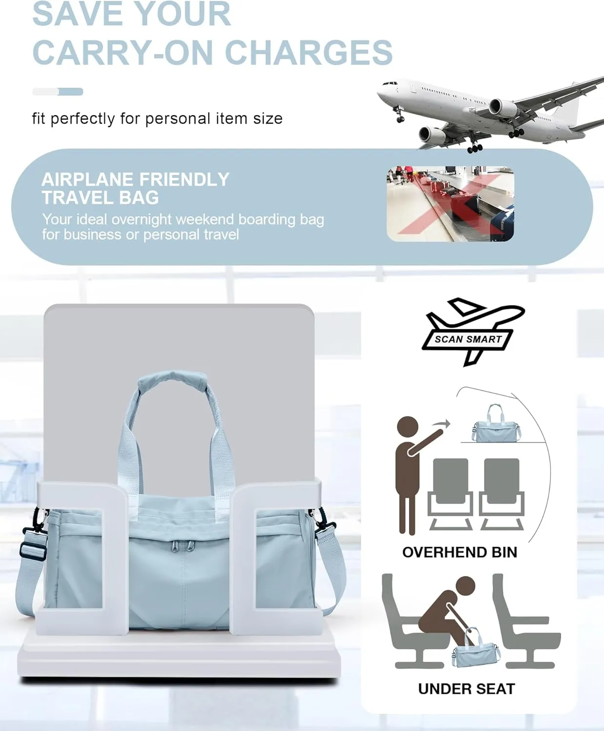 Gym Bag for Women Duffle Bag with Shoe Compartment Yoga Mat Bag Sports Workout Bag Weekend Overnight Bag, Light Blue