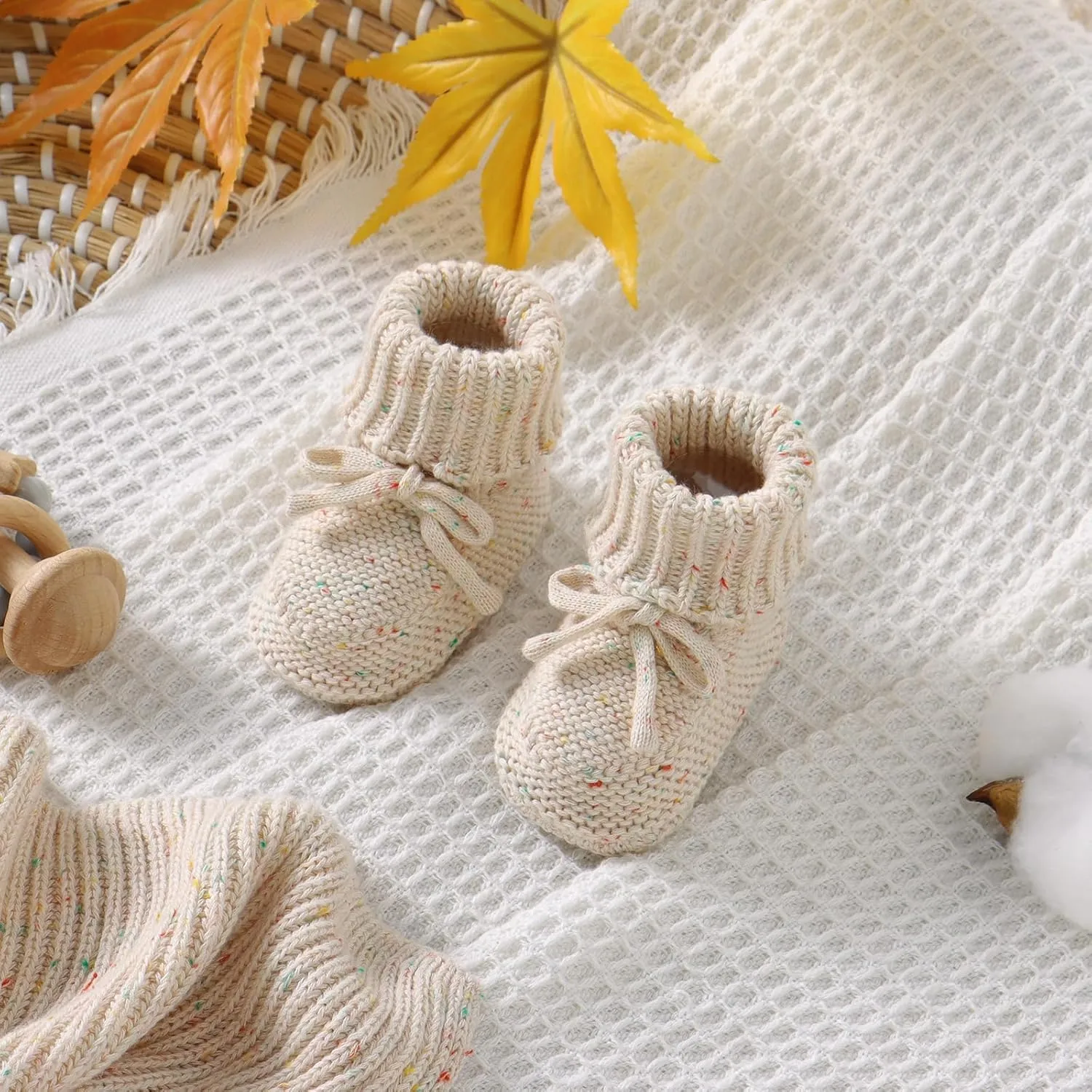 Hadetoto Baby Hat and Booties Set Newborn Babe Knit Cozy Socks Shoes Warm Beanie Hat for Infant Boy Girl