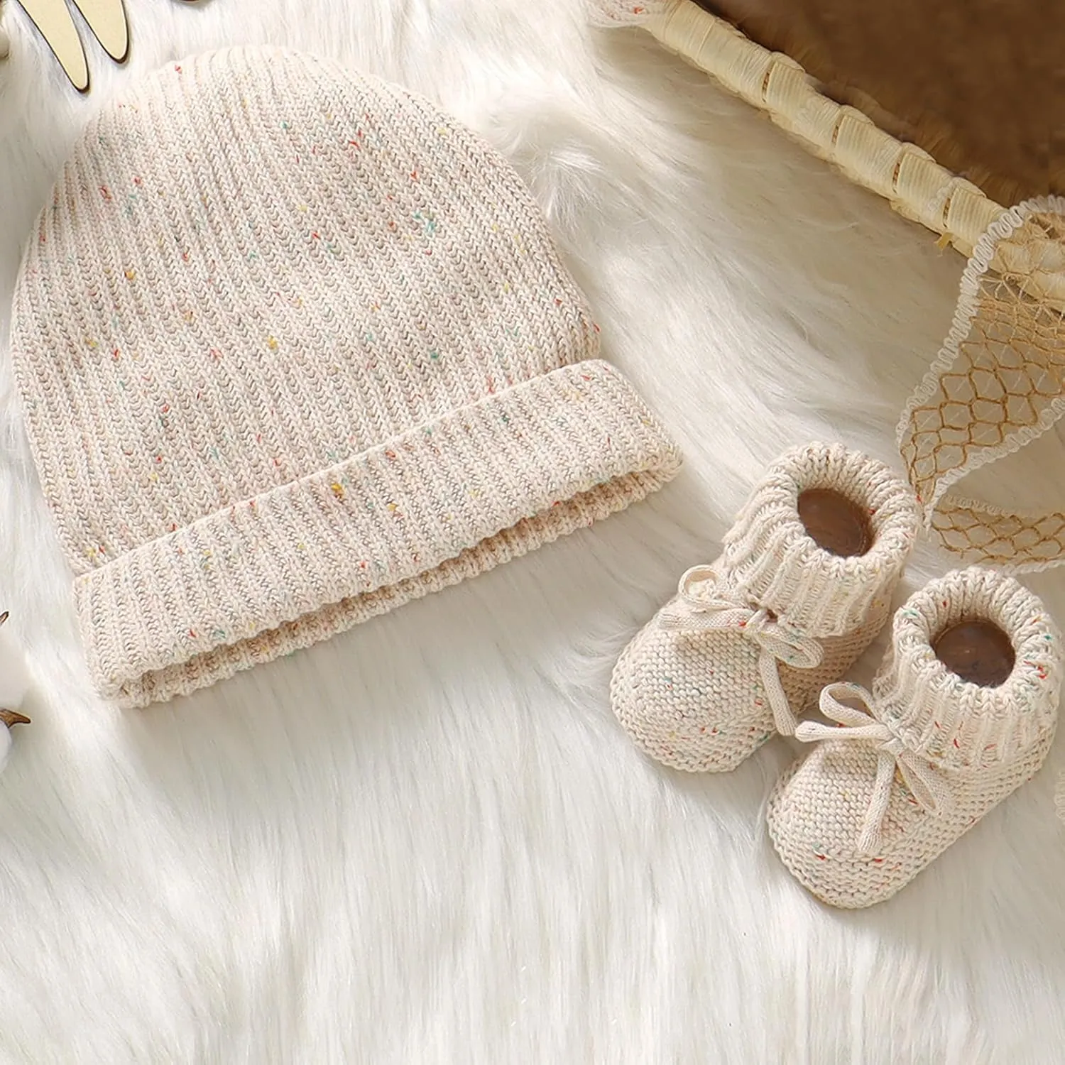 Hadetoto Baby Hat and Booties Set Newborn Babe Knit Cozy Socks Shoes Warm Beanie Hat for Infant Boy Girl