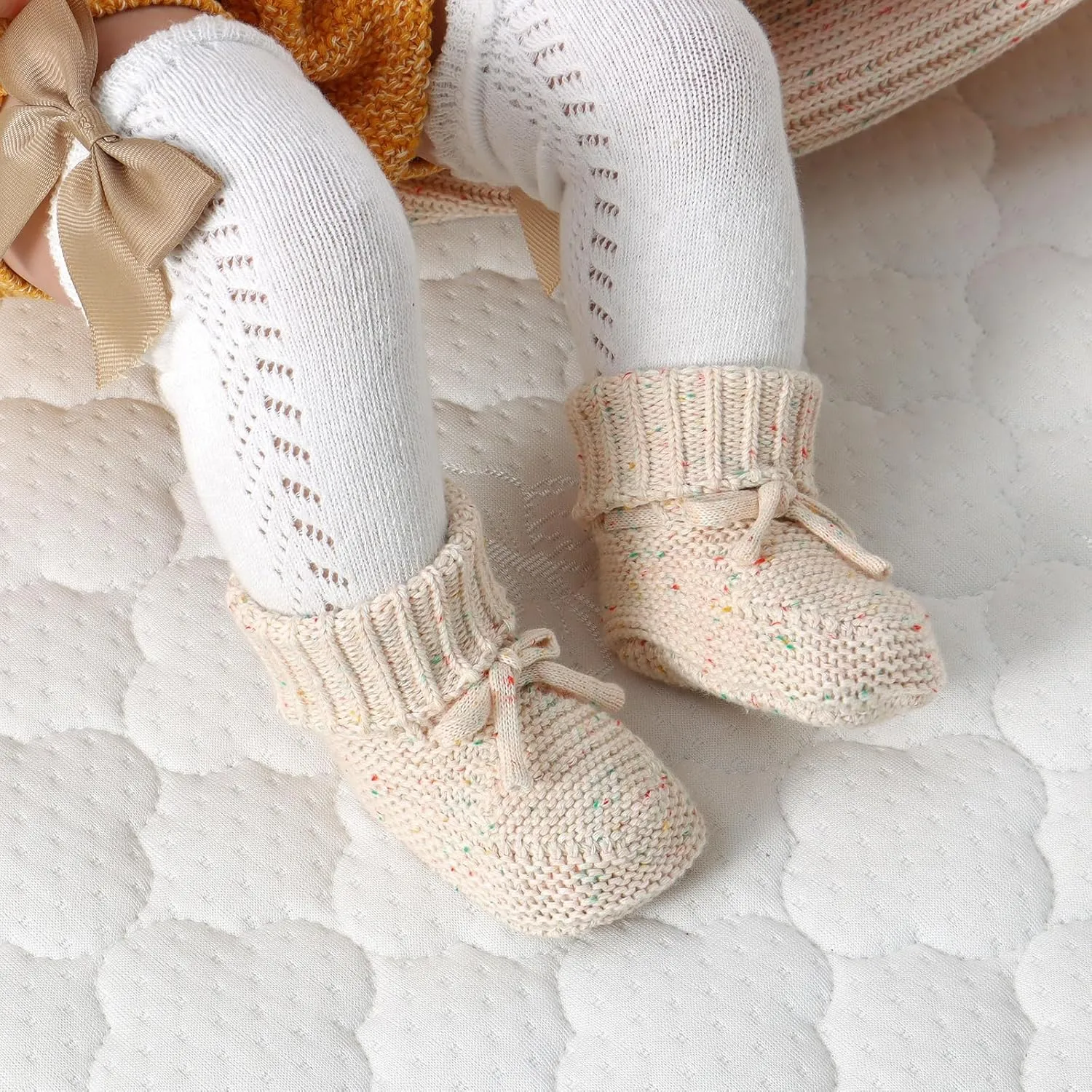 Hadetoto Baby Hat and Booties Set Newborn Babe Knit Cozy Socks Shoes Warm Beanie Hat for Infant Boy Girl