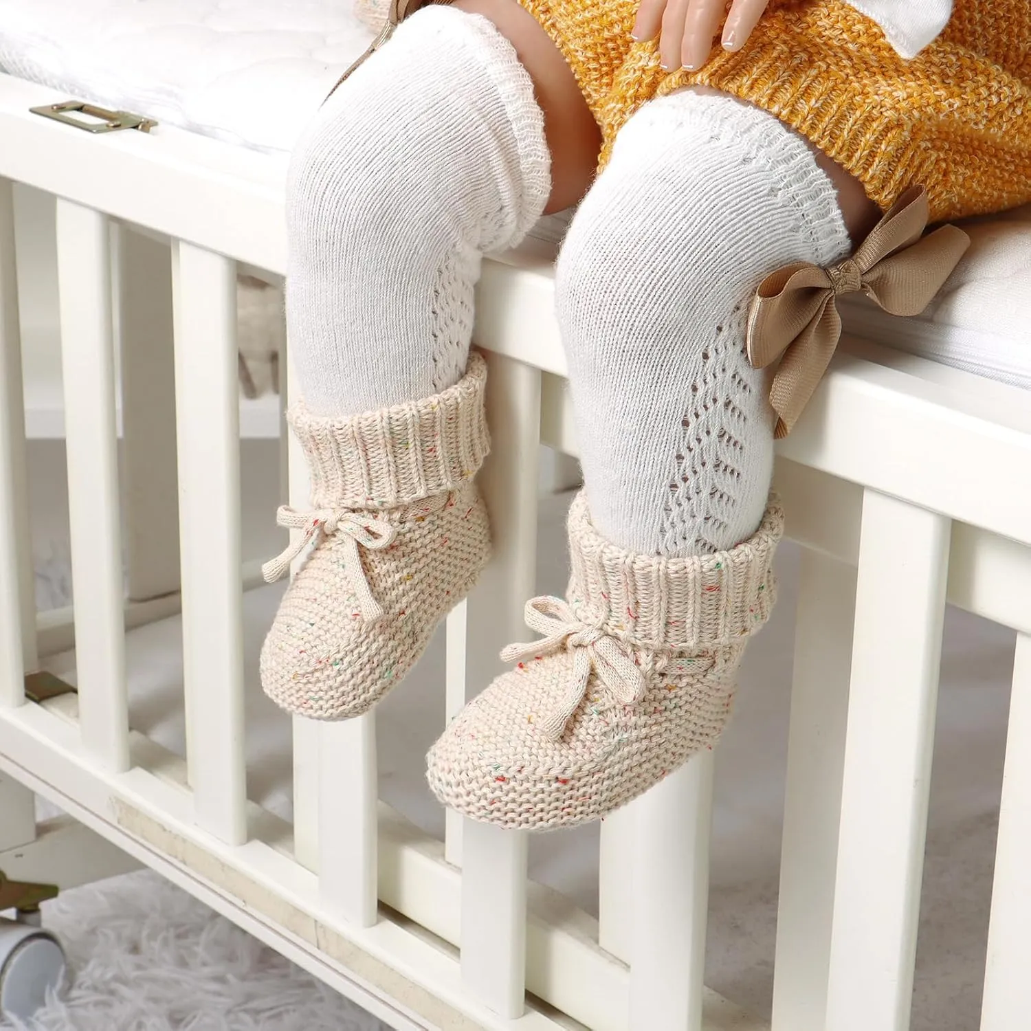 Hadetoto Baby Hat and Booties Set Newborn Babe Knit Cozy Socks Shoes Warm Beanie Hat for Infant Boy Girl