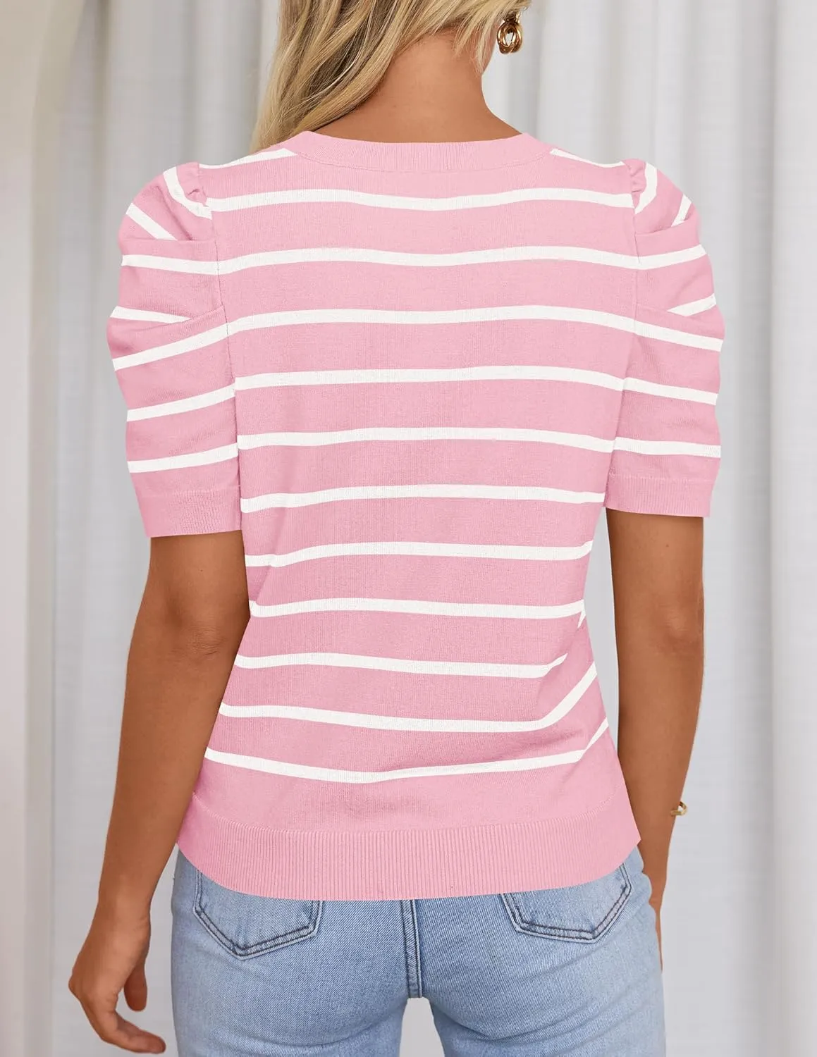 HAEOF Women's 2025 Summer Short Puff Sleeve Knit Tops Trendy Crewneck Striped Shirts Dressy Casual Blouses
