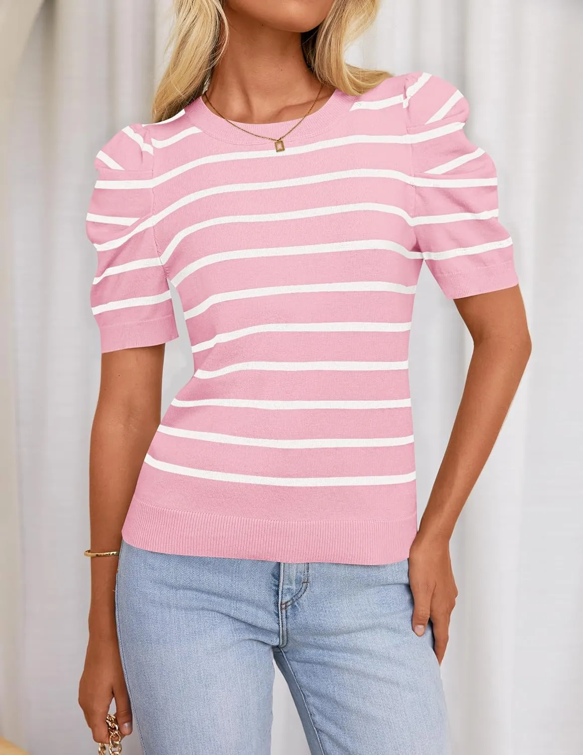 HAEOF Women's 2025 Summer Short Puff Sleeve Knit Tops Trendy Crewneck Striped Shirts Dressy Casual Blouses