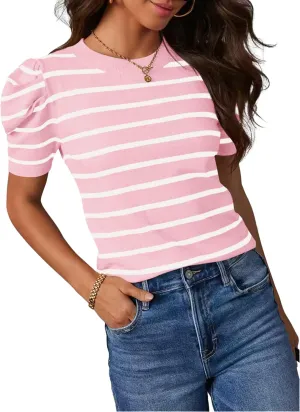 HAEOF Women's 2025 Summer Short Puff Sleeve Knit Tops Trendy Crewneck Striped Shirts Dressy Casual Blouses