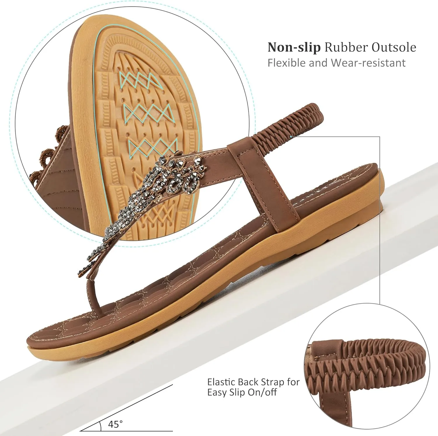 HARENCE Womens Summer Flats Sandals: Casual Bohemian Dressy Thong Flat Shoes Comfortable Slip on Elastic Ankle Strap Beach Sandal
