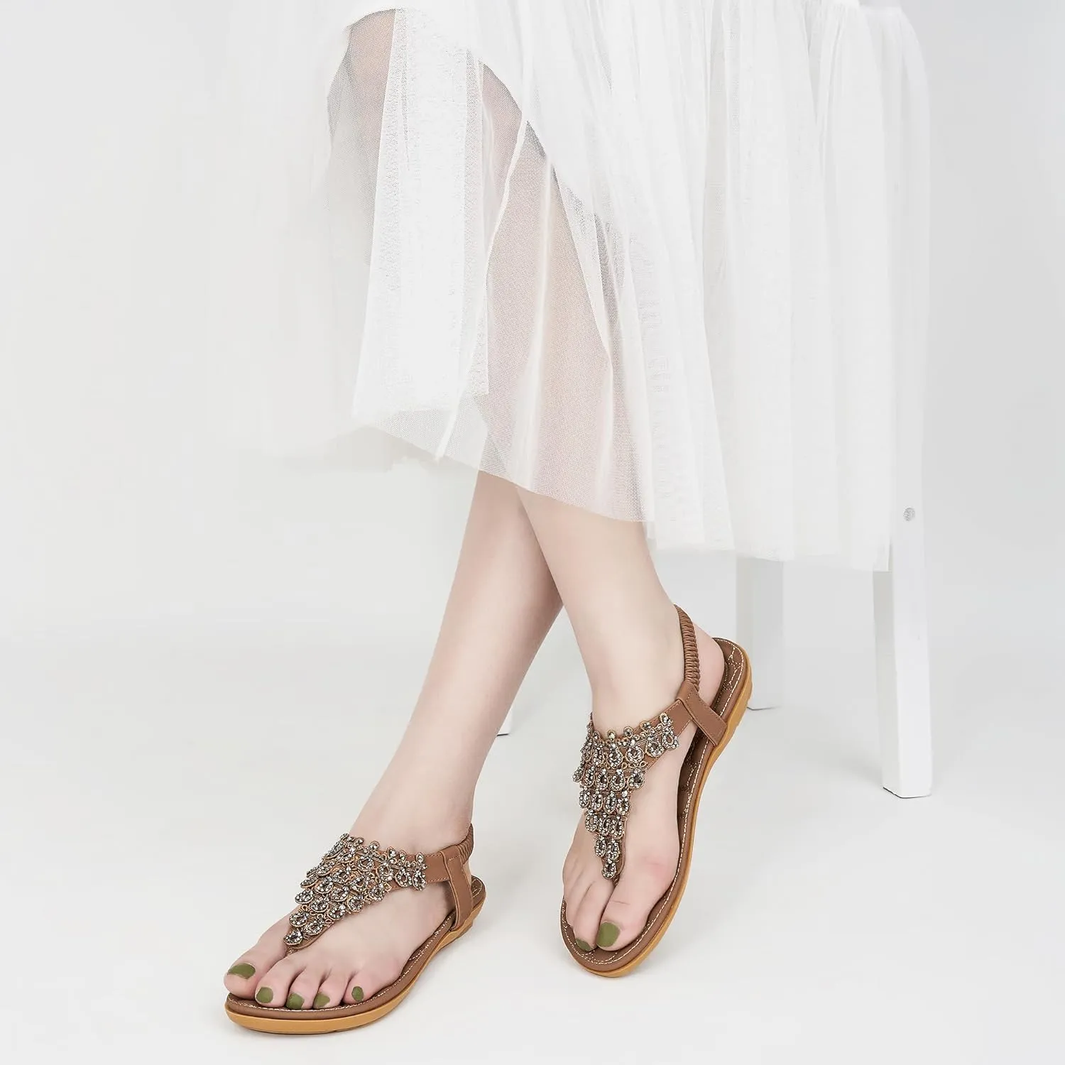 HARENCE Womens Summer Flats Sandals: Casual Bohemian Dressy Thong Flat Shoes Comfortable Slip on Elastic Ankle Strap Beach Sandal