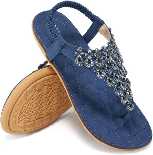 HARENCE Womens Summer Flats Sandals: Casual Bohemian Dressy Thong Flat Shoes Comfortable Slip on Elastic Ankle Strap Beach Sandal
