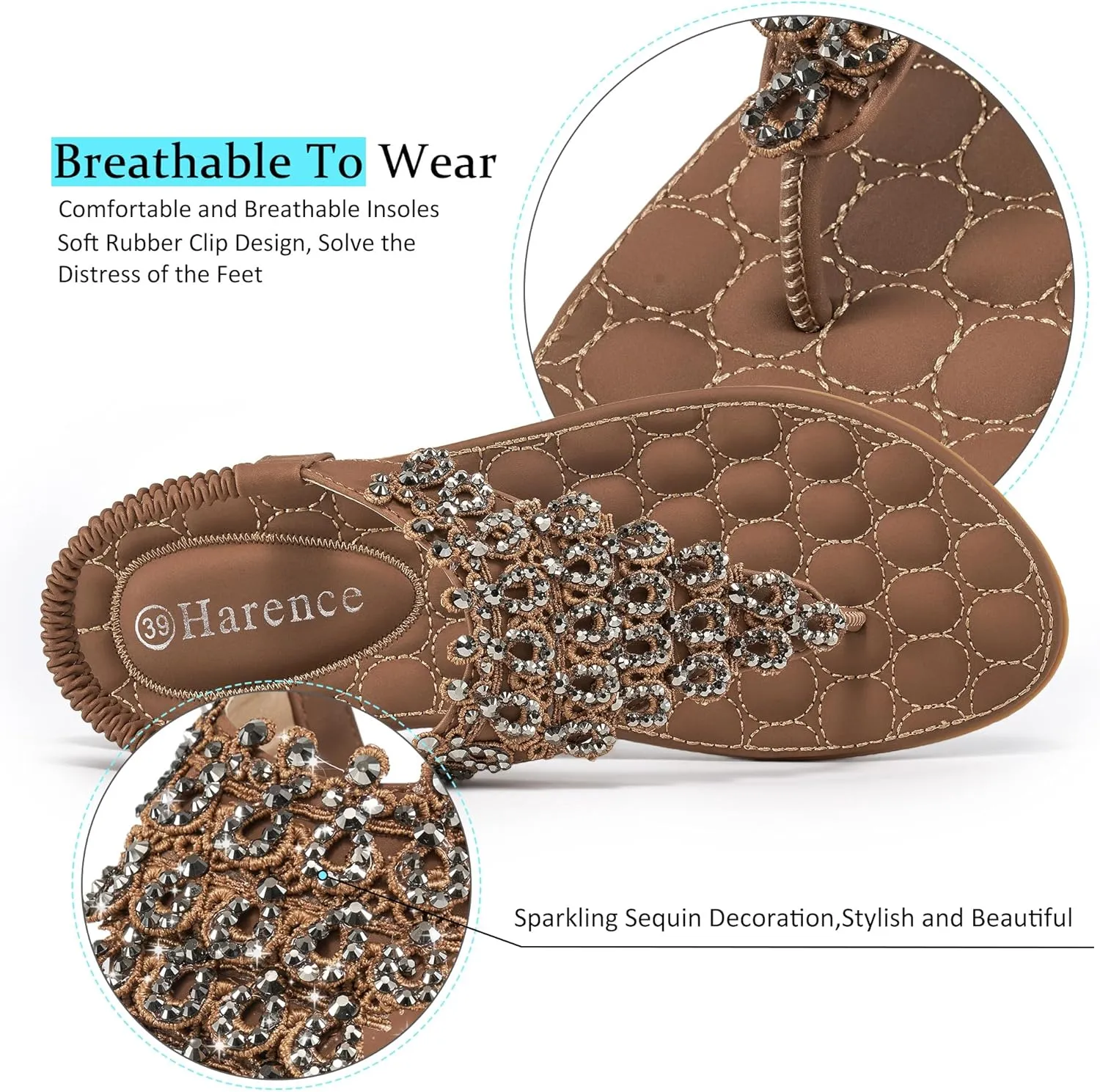 HARENCE Womens Summer Flats Sandals: Casual Bohemian Dressy Thong Flat Shoes Comfortable Slip on Elastic Ankle Strap Beach Sandal