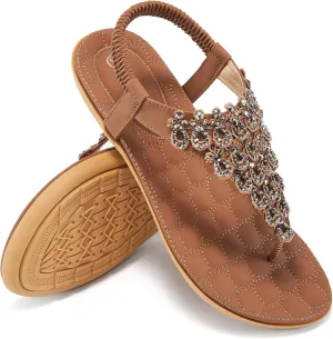 HARENCE Womens Summer Flats Sandals: Casual Bohemian Dressy Thong Flat Shoes Comfortable Slip on Elastic Ankle Strap Beach Sandal