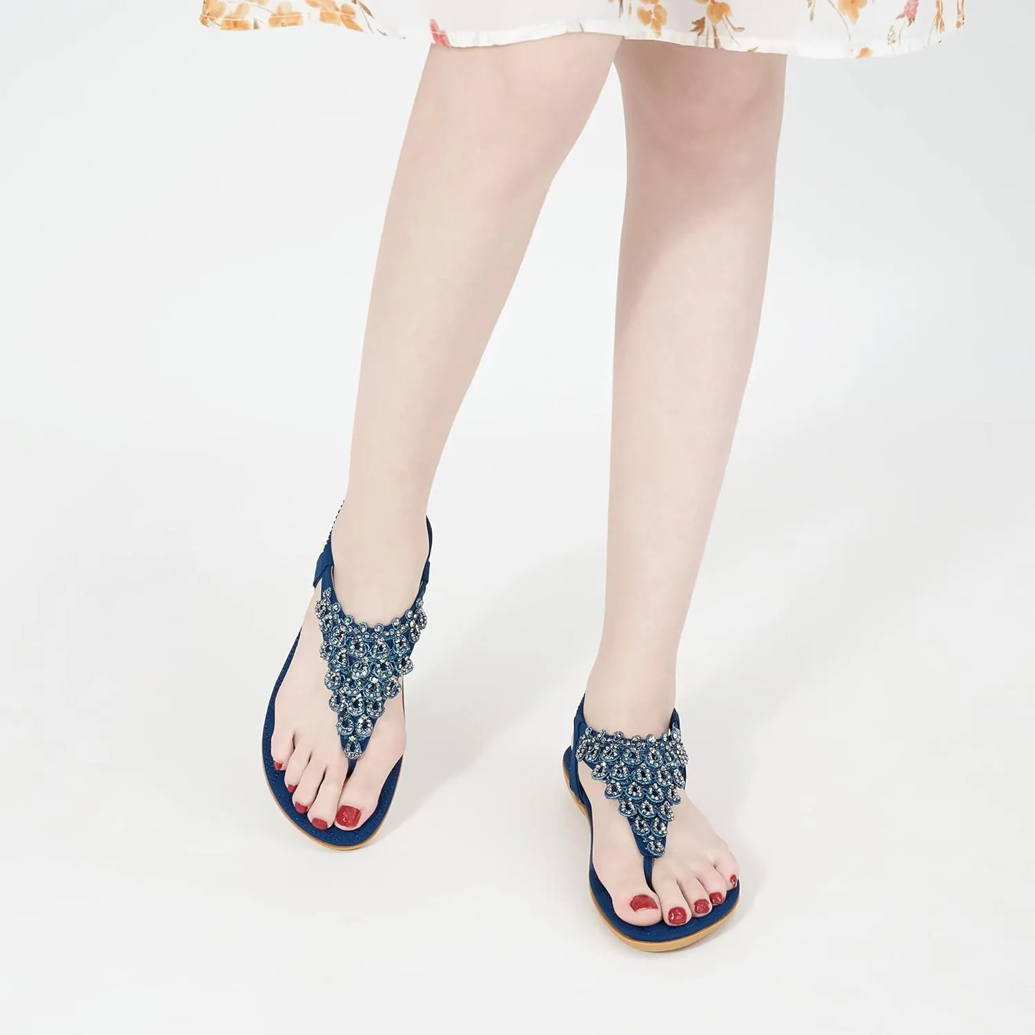 HARENCE Womens Summer Flats Sandals: Casual Bohemian Dressy Thong Flat Shoes Comfortable Slip on Elastic Ankle Strap Beach Sandal