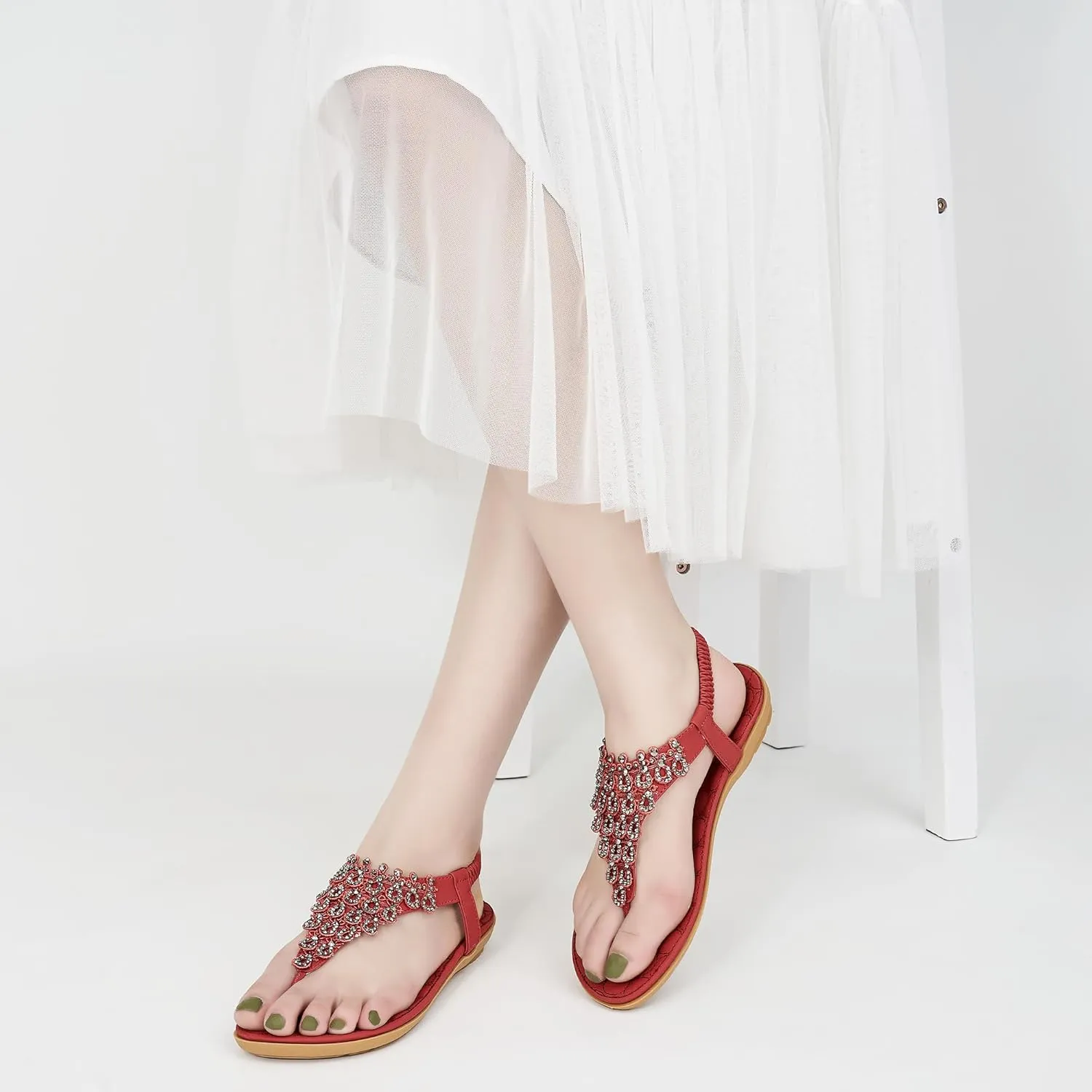 HARENCE Womens Summer Flats Sandals: Casual Bohemian Dressy Thong Flat Shoes Comfortable Slip on Elastic Ankle Strap Beach Sandal