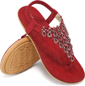HARENCE Womens Summer Flats Sandals: Casual Bohemian Dressy Thong Flat Shoes Comfortable Slip on Elastic Ankle Strap Beach Sandal