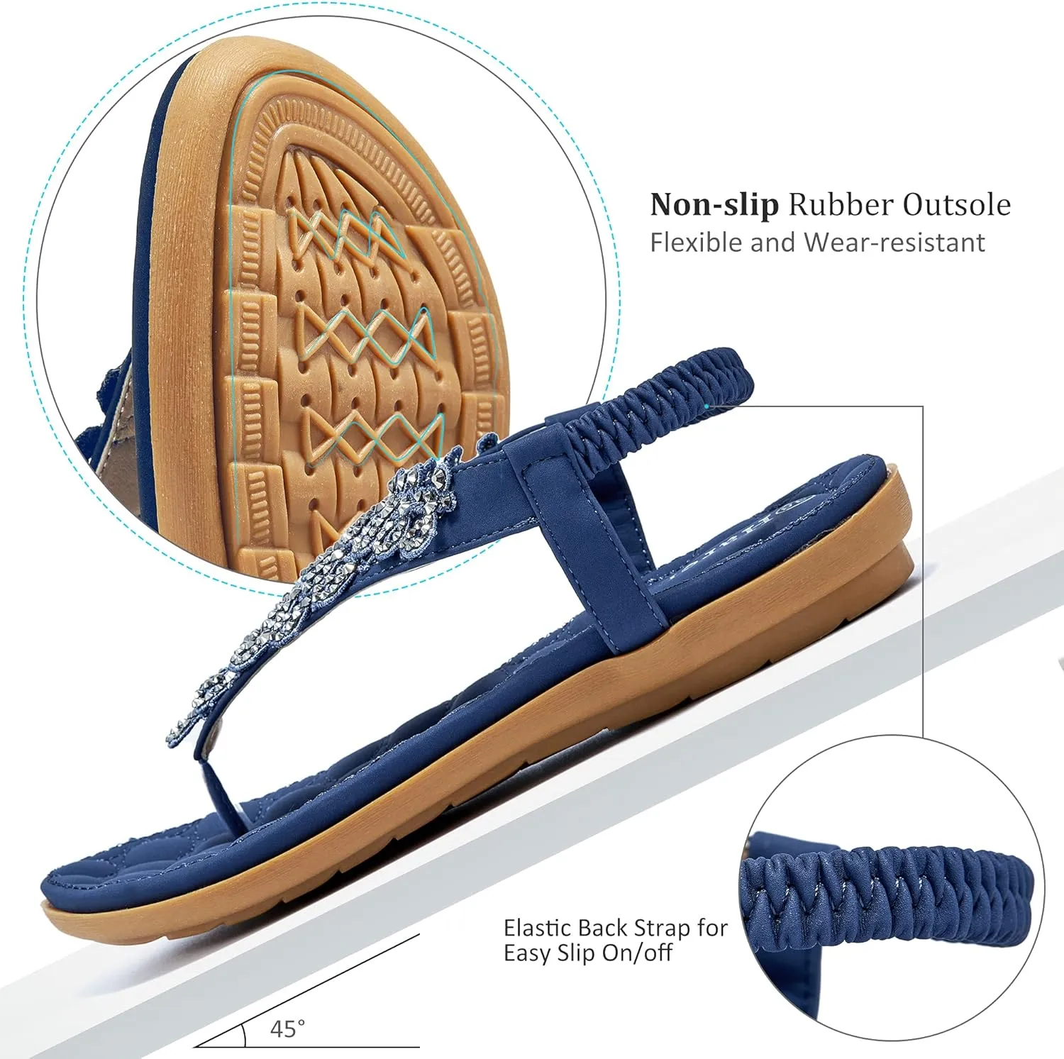 HARENCE Womens Summer Flats Sandals: Casual Bohemian Dressy Thong Flat Shoes Comfortable Slip on Elastic Ankle Strap Beach Sandal