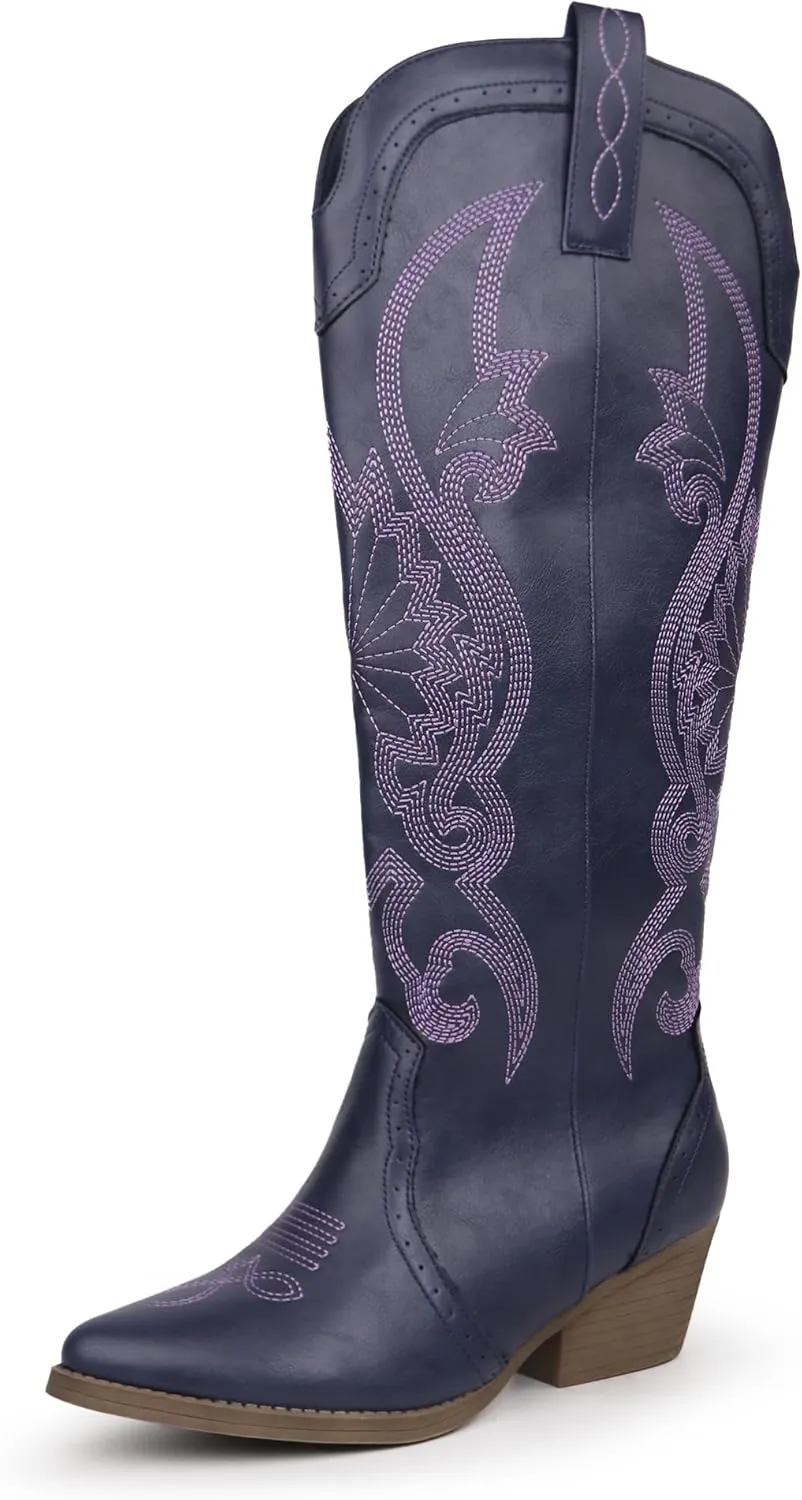Hawkwell Women's Cowboy Cowgirl Boots Slip On Pointed Toe and Block Heel Shoes with Classic Embroidered Pull On Tall Boot for Ladies Dress Western Knee High Boots