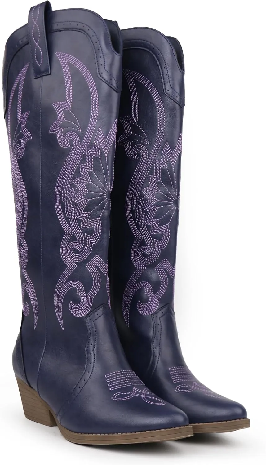 Hawkwell Women's Cowboy Cowgirl Boots Slip On Pointed Toe and Block Heel Shoes with Classic Embroidered Pull On Tall Boot for Ladies Dress Western Knee High Boots