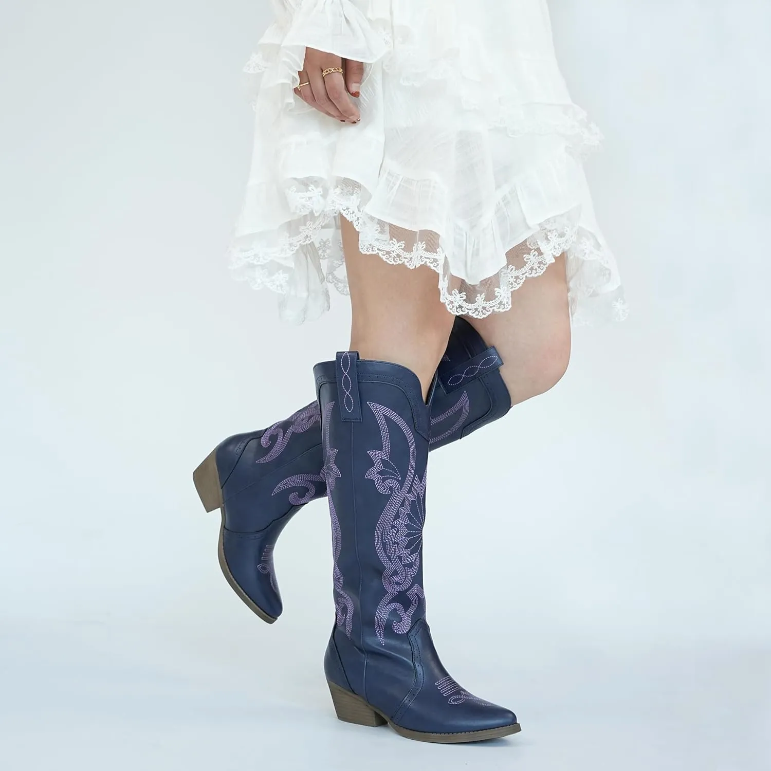Hawkwell Women's Cowboy Cowgirl Boots Slip On Pointed Toe and Block Heel Shoes with Classic Embroidered Pull On Tall Boot for Ladies Dress Western Knee High Boots