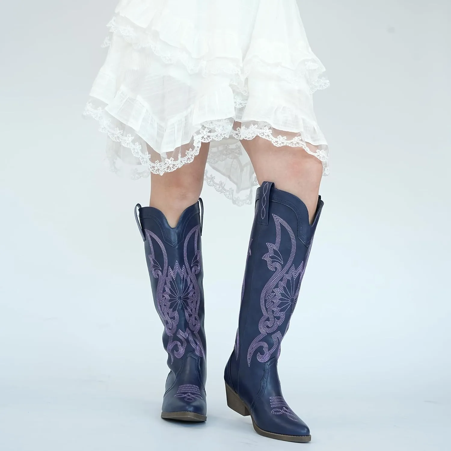 Hawkwell Women's Cowboy Cowgirl Boots Slip On Pointed Toe and Block Heel Shoes with Classic Embroidered Pull On Tall Boot for Ladies Dress Western Knee High Boots