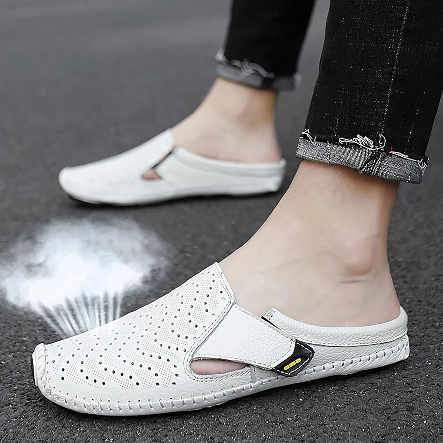 Helenbra Men's Hollow Backless Handmade Leather Mules Sandals,Summer Hook & Loop Breathable Slingback Non-slip Soft Sole Comfortable Slip-on Home Office Casual Flat Sandals Slippers