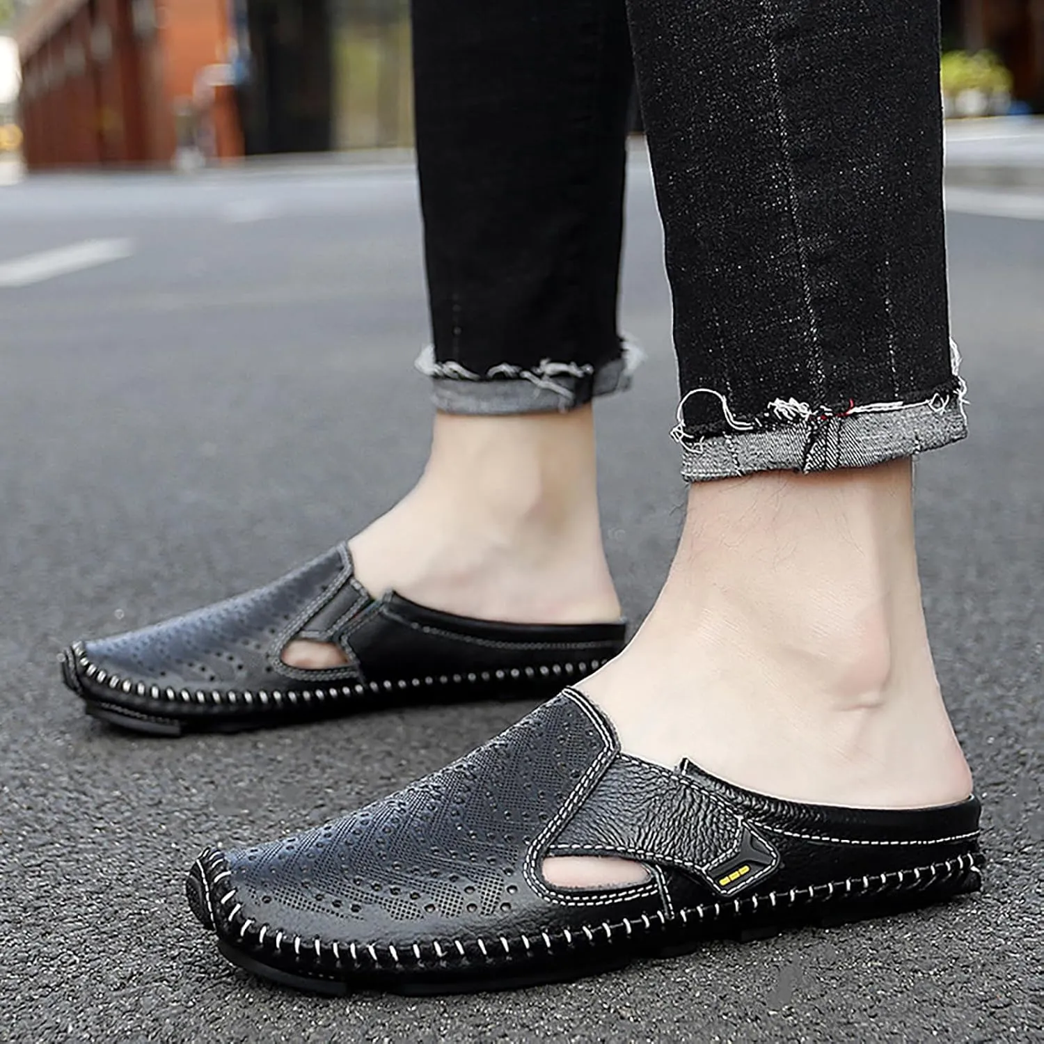 Helenbra Men's Hollow Backless Handmade Leather Mules Sandals,Summer Hook & Loop Breathable Slingback Non-slip Soft Sole Comfortable Slip-on Home Office Casual Flat Sandals Slippers