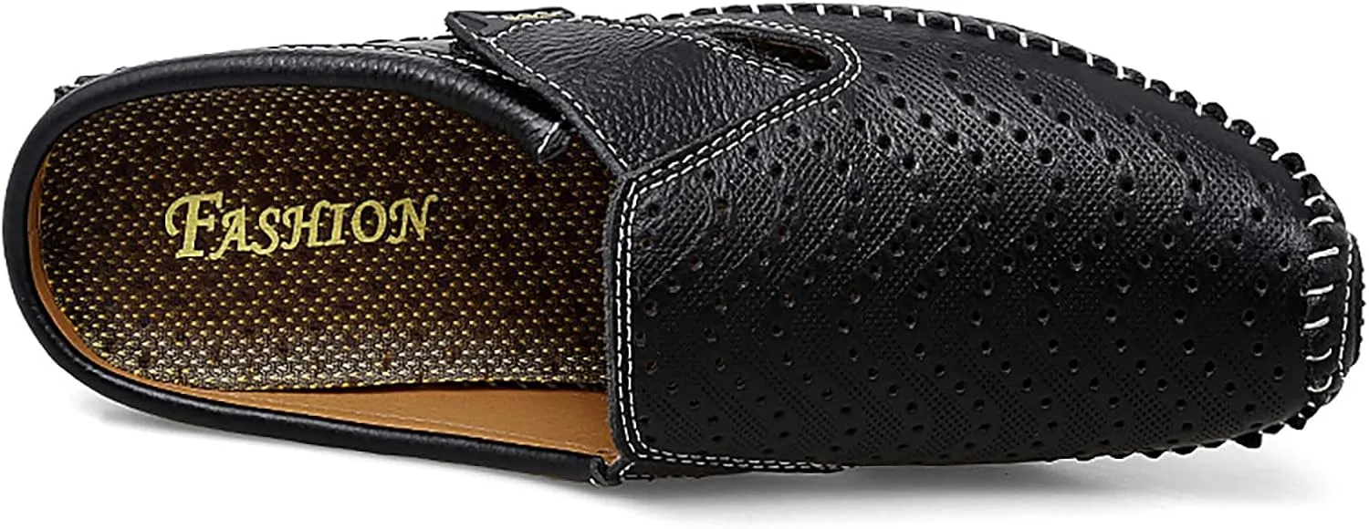 Helenbra Men's Hollow Backless Handmade Leather Mules Sandals,Summer Hook & Loop Breathable Slingback Non-slip Soft Sole Comfortable Slip-on Home Office Casual Flat Sandals Slippers