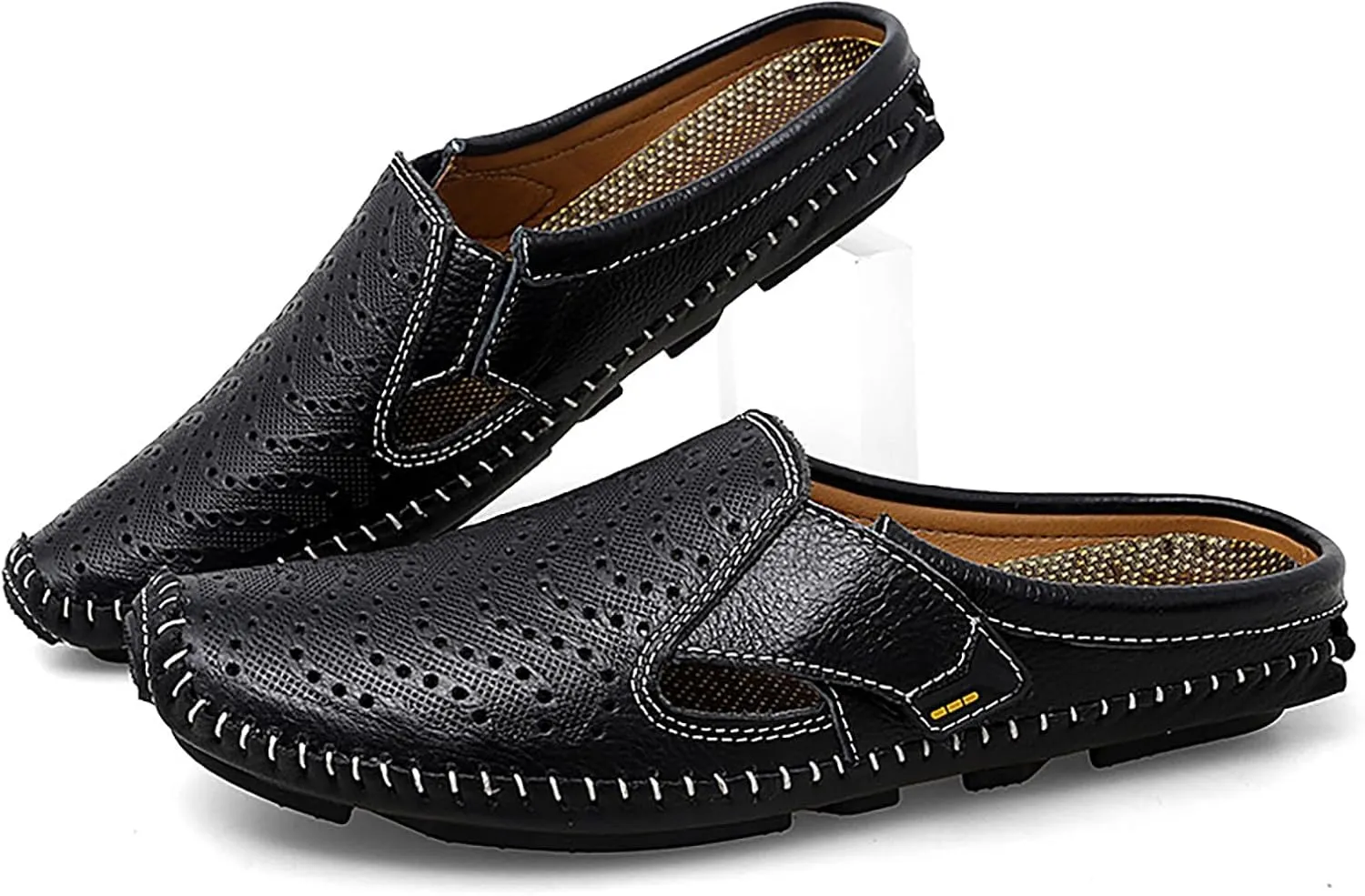 Helenbra Men's Hollow Backless Handmade Leather Mules Sandals,Summer Hook & Loop Breathable Slingback Non-slip Soft Sole Comfortable Slip-on Home Office Casual Flat Sandals Slippers