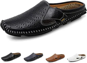 Helenbra Men's Hollow Backless Handmade Leather Mules Sandals,Summer Hook & Loop Breathable Slingback Non-slip Soft Sole Comfortable Slip-on Home Office Casual Flat Sandals Slippers