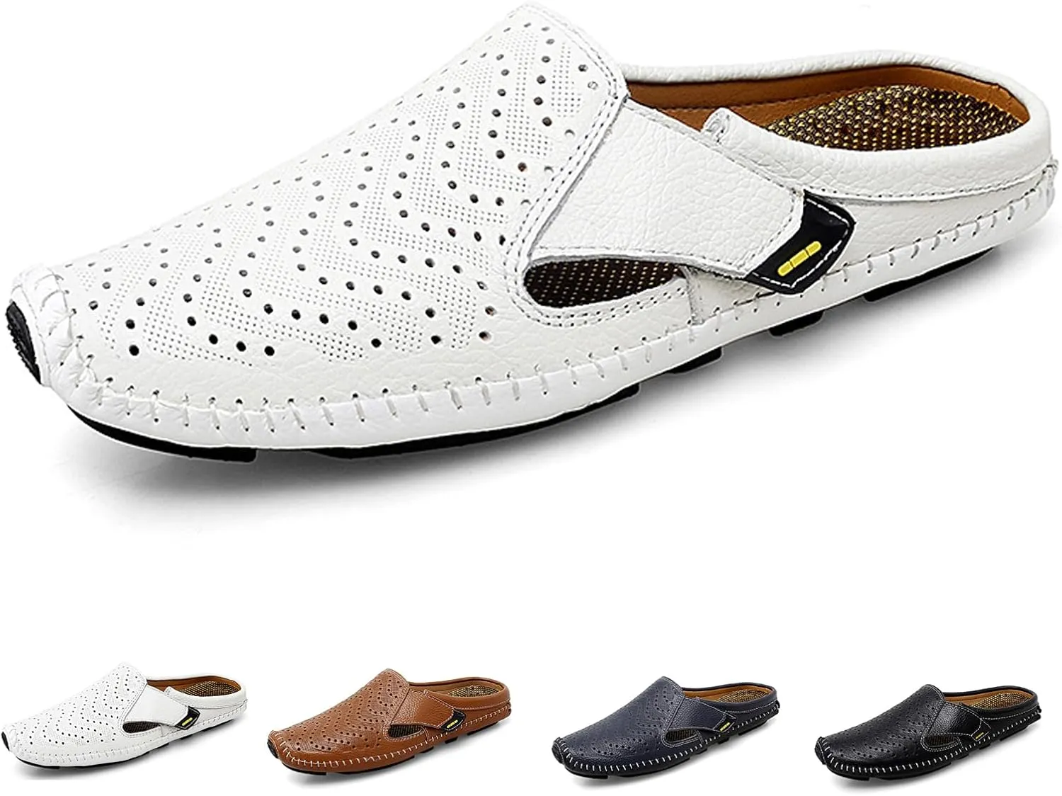 Helenbra Men's Hollow Backless Handmade Leather Mules Sandals,Summer Hook & Loop Breathable Slingback Non-slip Soft Sole Comfortable Slip-on Home Office Casual Flat Sandals Slippers