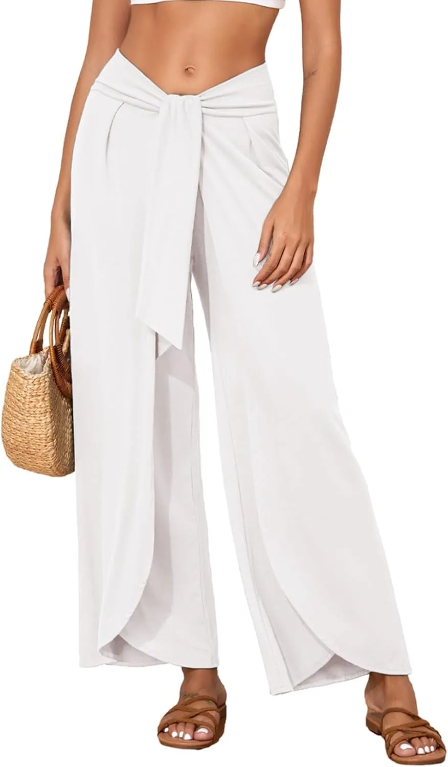 Herseas Womens Beach Pants Split Wide Leg Beach Cover Up Pants Palazzo Flowy Casual Lounge Pants