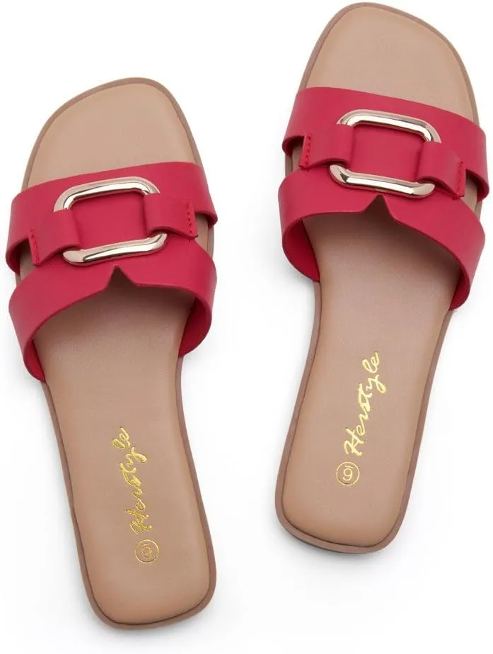 Herstyle Women's Flat Sandals 2025 – Trendy Square Open Toe Slides with Metal Chain, Memory Foam Cushioned Footbed, Slip-On Fashion Slippers for Summer