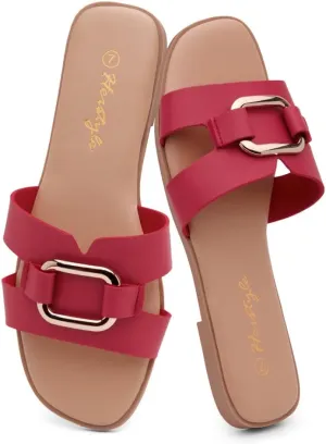 Herstyle Women's Flat Sandals 2025 – Trendy Square Open Toe Slides with Metal Chain, Memory Foam Cushioned Footbed, Slip-On Fashion Slippers for Summer