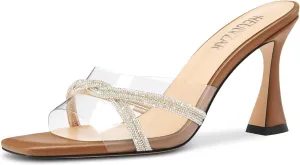 HEUIVZAR Womens Mid Kitten Heel Peep Open Square Toe Mules Shoes Slip-on Rhinestone Crystal Prom Clear Summer Shoes
