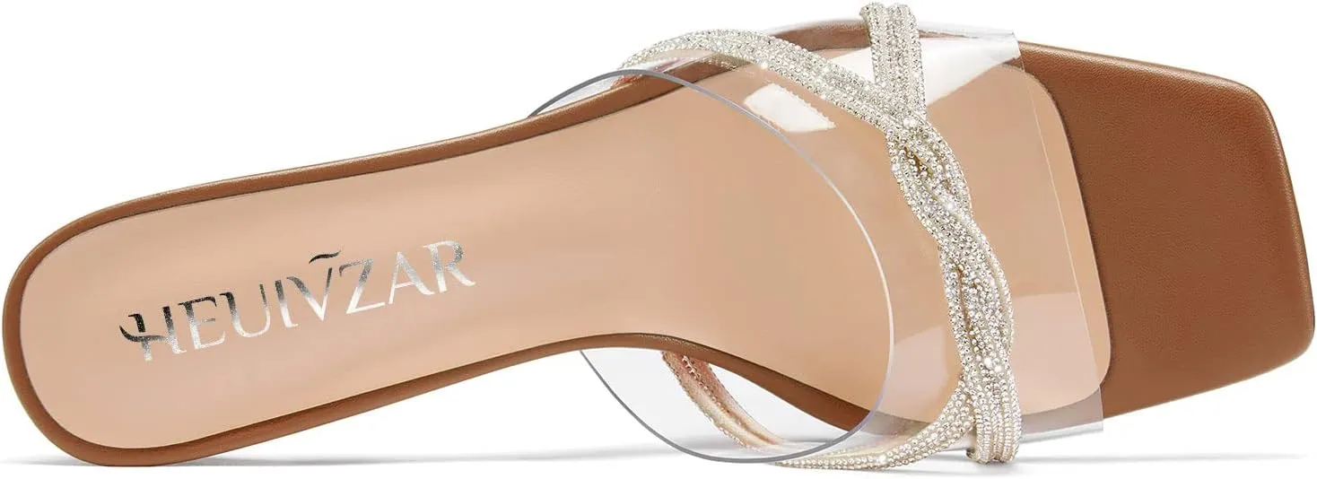 HEUIVZAR Womens Mid Kitten Heel Peep Open Square Toe Mules Shoes Slip-on Rhinestone Crystal Prom Clear Summer Shoes