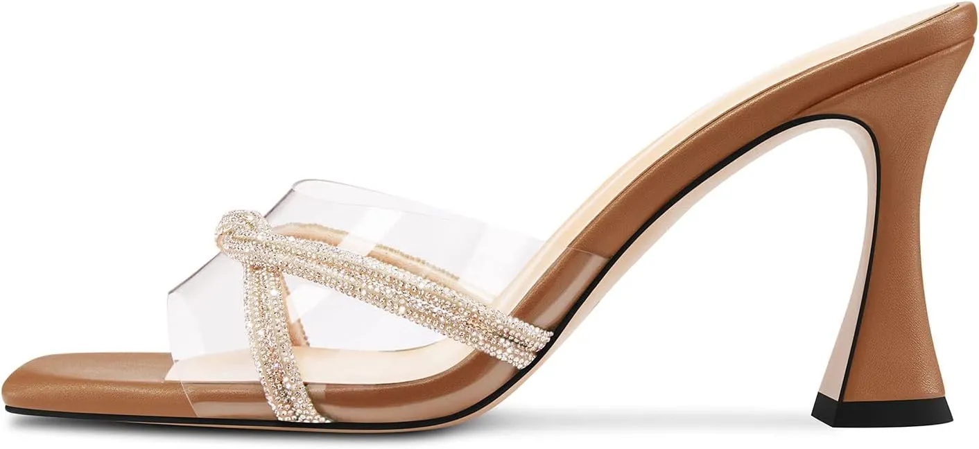 HEUIVZAR Womens Mid Kitten Heel Peep Open Square Toe Mules Shoes Slip-on Rhinestone Crystal Prom Clear Summer Shoes
