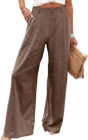 Hooever Womens Cotton Linen Pants Casual Button Up High Waisted Wide Leg Trousers