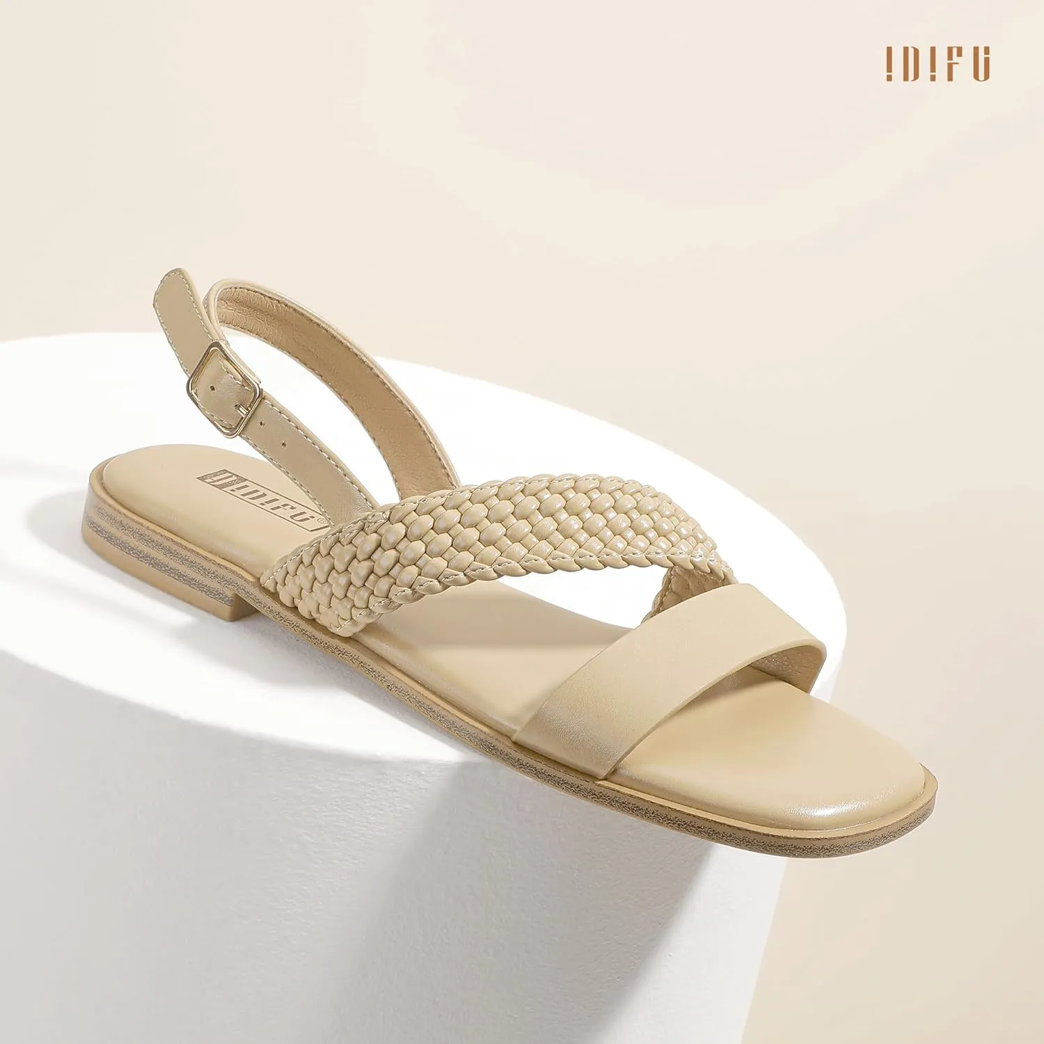 IDIFU Flat Braided Strappy Sandals for Women Square Open Toe Slingback with Buckle Adjustable Back Strap Women's Summer Beach Wedding Comfortable Cute Dressy Tendy Dress Sandals for Ladies Brides