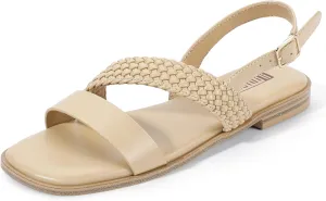 IDIFU Flat Braided Strappy Sandals for Women Square Open Toe Slingback with Buckle Adjustable Back Strap Women's Summer Beach Wedding Comfortable Cute Dressy Tendy Dress Sandals for Ladies Brides